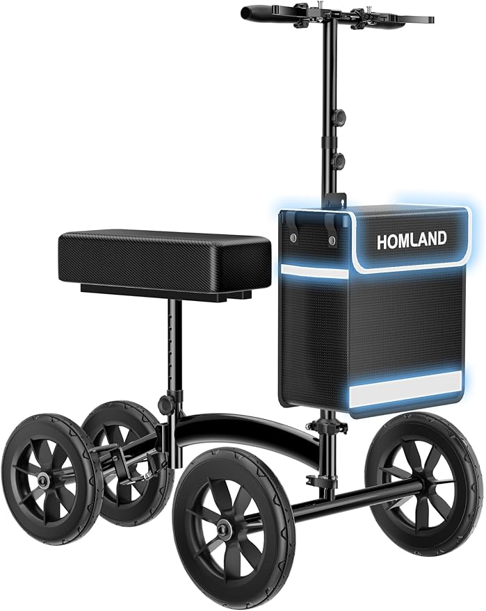 HOMLAND Knee Scooter Walker for Adults Foot Injuries Ankle Surgery, Foldable Steerable Leg Scooters with Dual Handbrake, Height Adjustable Handle & Knee Pad, Removable Storage Bag, 300 lbs Capacity