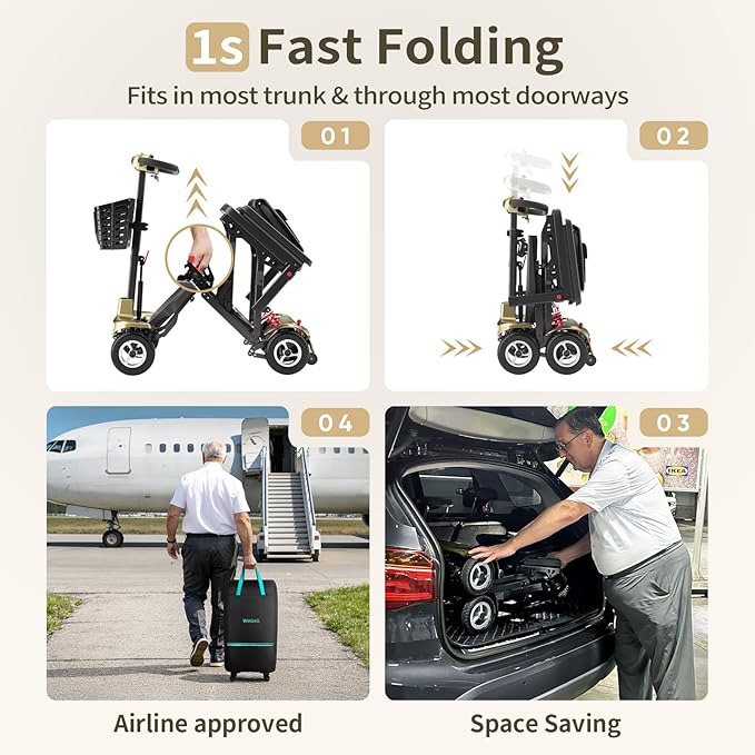 Mobility Scooter for Adults, Seniors - 37.5 lbs Ultra Lightweight Folding Mobility Scooters for Seniors Airport Approved, All Terrain 4 Wheel Motorized Scooter with Storage Bag for Travel, Gold