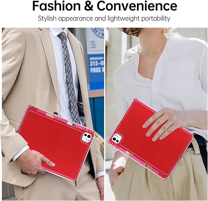 Dteck for iPad Pro/Air 13" (M5/M4/M3/M2), Pro 12.9" (6th/5th/4th/3rd Gen) Clear Case with Pencil Holder/Screen Protector Film/Stylus, 3 Layers Protective Lightweight Slim Transparent Back Cover, Red