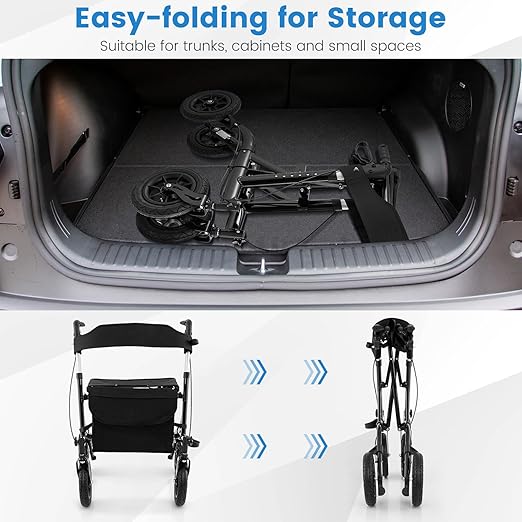GOFLAME All-Terrain Rollator Walker w/Pneumatic Tires, Foldable Outdoor Walkers w/Seat, Backrest, 32"-37" Adjustable Height & Storage Bag, Lightweight Aluminum Walker for Seniors & Adults, Black