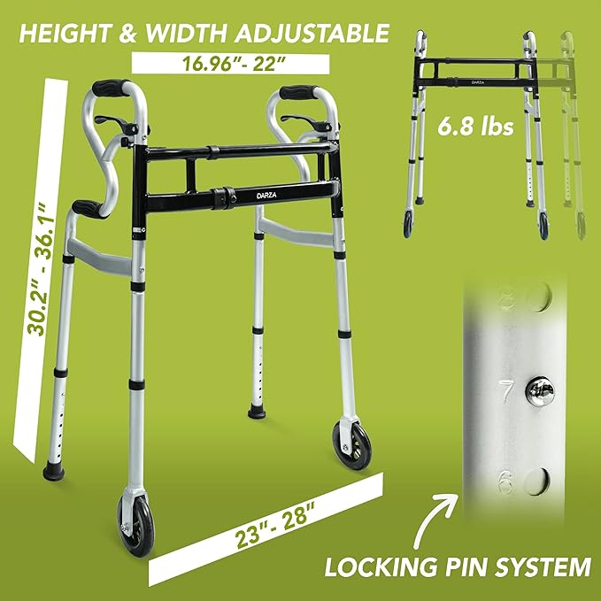 Darza R-Style Narrow Walkers with Storage Bag - Width Height Adjustable Walker, Lightweight Folding Walkers for Seniors Handicapped & Disabled, Up to 350 lbs