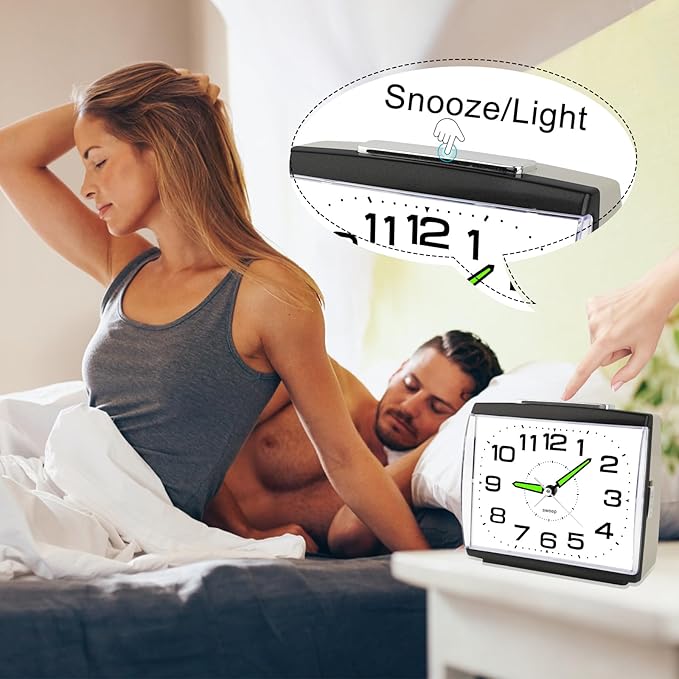 DTKID Large Alarm Clock for Bedside, Silent Non-Ticking Analog Clock with Night Light, Battery Powered, Gradually Increasing Alarm for Heavy Sleepers, Seniors