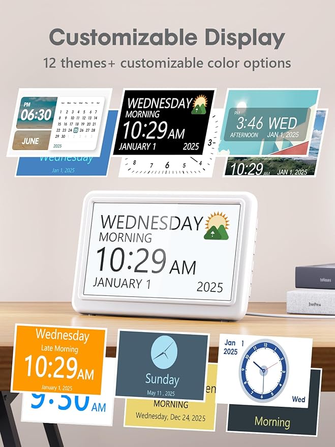 ROCAM Dementia Clock for Seniors, Large Display Digital Calendar Day Clock, 12 Themes 20 Custom Alarms & Reminders with 18 Ringtones, Automatic Dimmer, Medication Alarm Clock for Alzheimers/Elderly