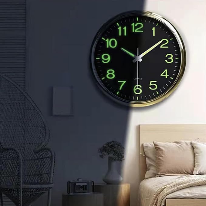 12 Inches Night Light Wall Clocks - with Silent Non-Ticking Glowing Function - Big Solid Numbers Easy to Read Both Day and Night (Black)