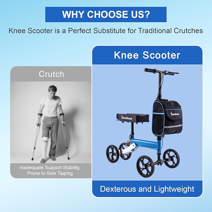 BlessReach Knee Scooter Steerable Knee Walker Deluxe Medical Scooter for Foot Injuries Adult Compact Crutches,Supports Up to 300 lbs（Blue）