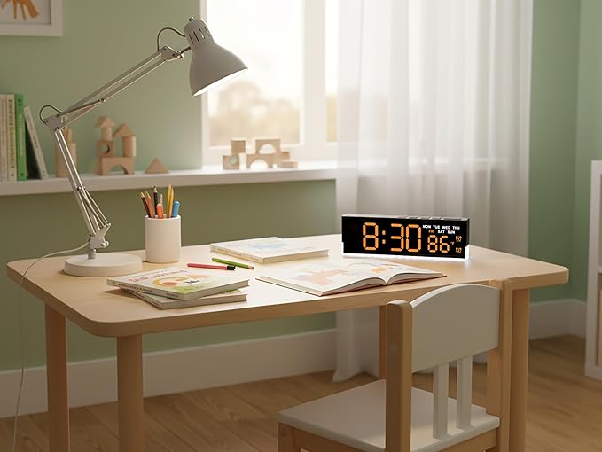 JENLYSTIME 7 Inch LED Digital Alarm Clock with Dual Alarms & Bottom Glow｜Displays Time, Date, Day, Temperature ｜3-Level Auto/Manual Brightness, DST, USB or Battery Powered Modern Desk Clock (Orange)