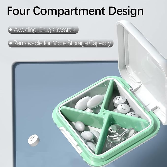 DUBSTAR Small Pill Box for Purse, Moisture Waterproof Travel Pill Case with 4 Compartments, Daily Pill Organizer for Vitamins & Medication (S-Blue)
