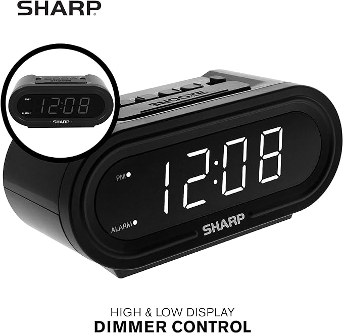 Sharp Digital Alarm with AccuSet - Automatic Smart Clock, Never Needs Setting (Midnight Black-White LED)