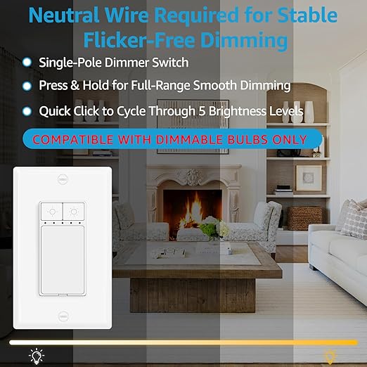 3 Pack Single Pole Dimmer Light Switch, Neutral Wire Required, Work with LED/CFL (150W Max) & Halogen/Incandescent (600W Max), 5 Brightness Levels, ETL/FCC Certified