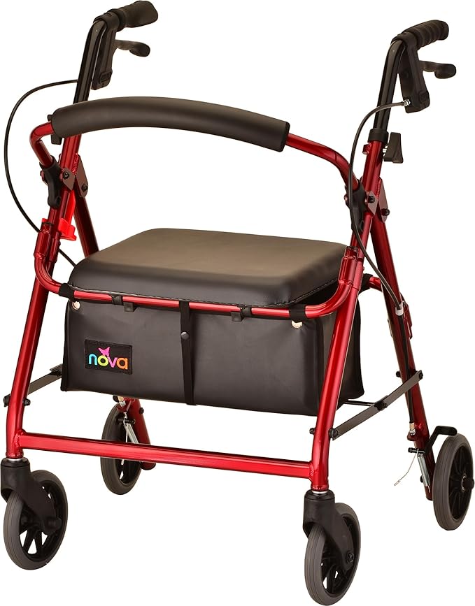 NOVA GetGo Junior Rollator Walker (Petite Size), Rolling Walker for Height 4'10" - 5"4", Seat Height is 18.5 Inch, Color Red