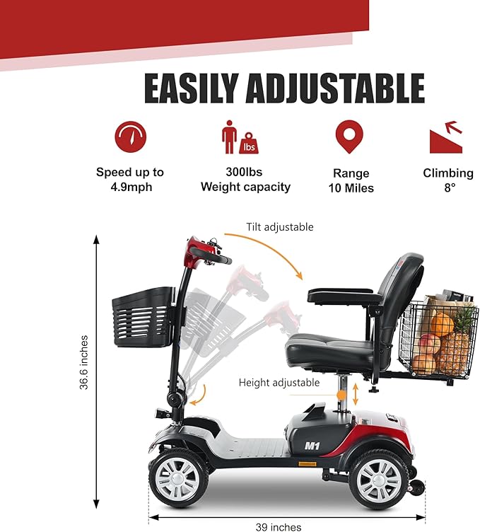 Metro Mobility Scooters with seat for Adults, Seniors, Travel, 4-Wheel Electric Powered Motorized Scooter, 2 Removable Batteries，w/Charge & Light-M1 Red