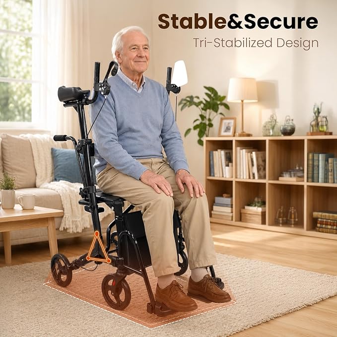Upright Walkers for Seniors 450 lbs Capacity, 22 lbs Foldable Lightweight Walkers for Seniors with Seat, Armrest and Pedal, Height Adjustable Rollator Walker with Seat for Travel & Gift (Black)