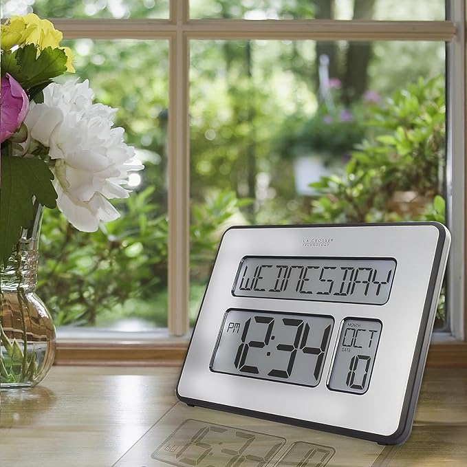 La Crosse Technology C86279 Atomic Full Calendar Clock with Extra Large Digits, Grey, 11.25 in. x 2.10 in. x 12.00 in.