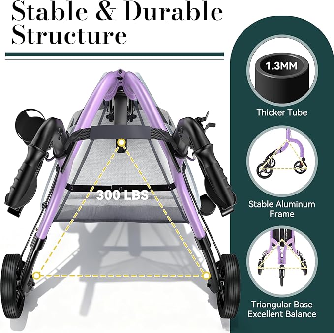 3 Wheel Walkers for Seniors, Lightweight Rollator Walkers Foldable for Elderly with Cane Hold and Cup Hold, Height Adjustable Aluminum Three Wheel Rolling Walker Mobility Aid, Purple