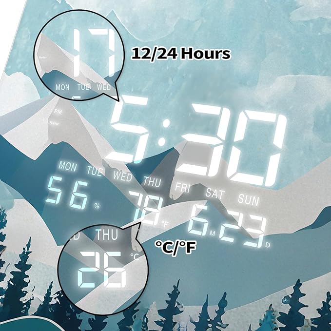 12'' Double Sided 90° Corner Wall Clock, Teal Mountain Moon, Radar Motion Activated, Analog & LED Display with Temp Humidity Date Day, Silent Non-Ticking Plug-in for Bedroom Living Room