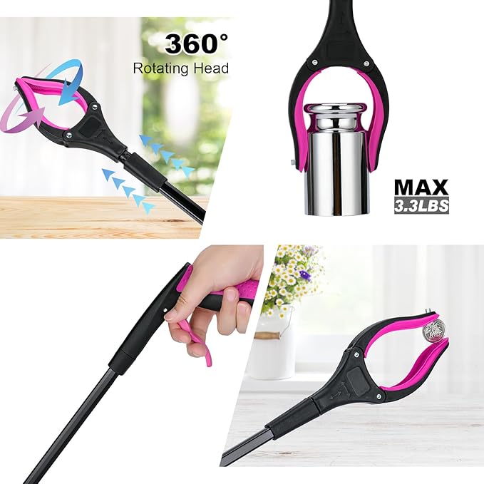 2-Pack 32" Grabber Reacher Tool, 360° Rotating Head, Wide Jaw, Foldable Reacher Grabber Pickup Tool,Anti-Slip Rotating Jaw with Magnet, 4" Wide Claw Opening Grabbers for Seniors (Purple)