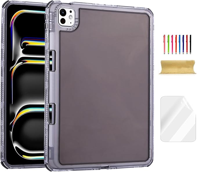 Dteck for iPad Pro/Air 13" (M5/M4/M3/M2), Pro 12.9" (6th/5th/4th/3rd Gen) Clear Case with Pencil Holder/Screen Protector Film/Stylus, 3 Layers Protective Lightweight Slim Transparent Cover, Black