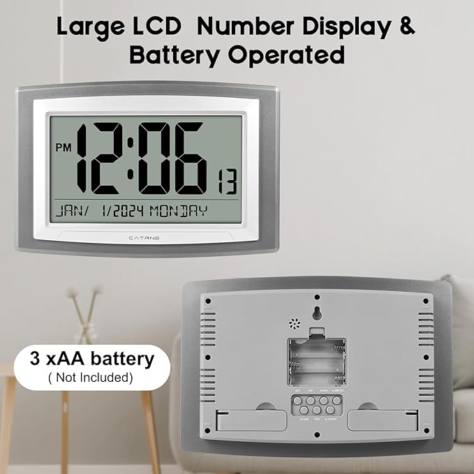 Auto Set Digital Wall Clock Battery Operated,12.5 Inch Large Display Digital Alarm Clock with Day, Date,Battery Operated Wall Clocks or Desk Alarm Clock for Bedroom, Livingroom, Office