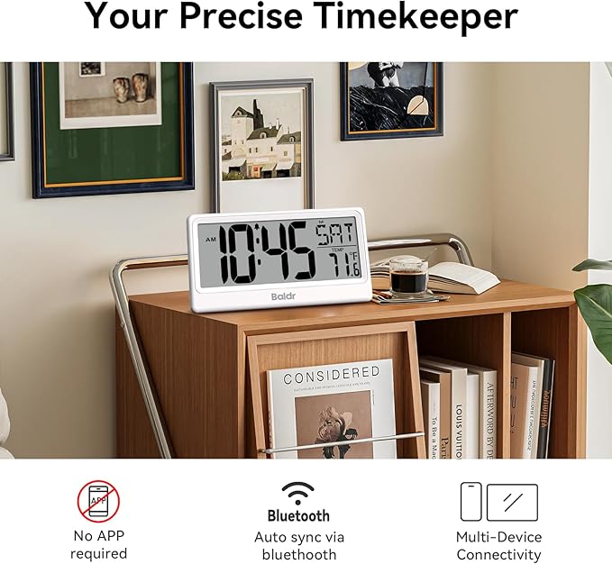 Baldr Digital Clock with Bluetooth Auto Time Sync, No App Required, Large Display Non-Backlit Desktop Alarm Clock, Battery Operated, Temperature & Weekday, Wall or Desk Clock for Home Office, White