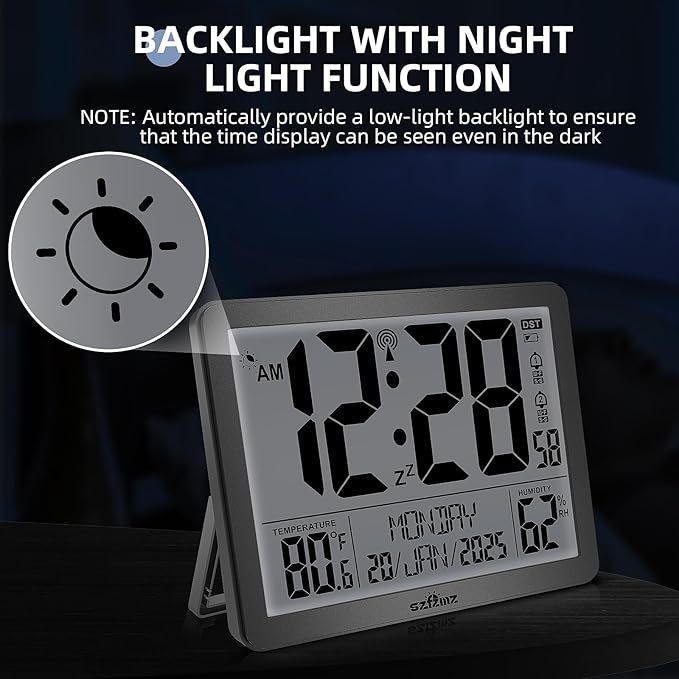 Digital Wall Clock Battery Operated with Backlight, Atomic Alarm Clocks with Indoor Temperature & Humidity for Bedrooms, Office, 8.5" Small Desk Clock with Large Display for Seniors, Auto DST, Sliver