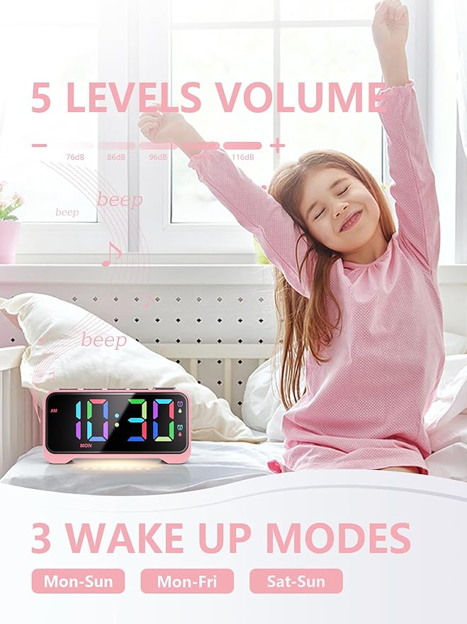 Mesqool Pink Digital Alarm Clock for Girls & Teens – Super Loud Alarm for Heavy Sleepers, RGB Display, Dual Alarm with Snooze, USB Charger, Night Light, Battery Backup, Plug-in Powered