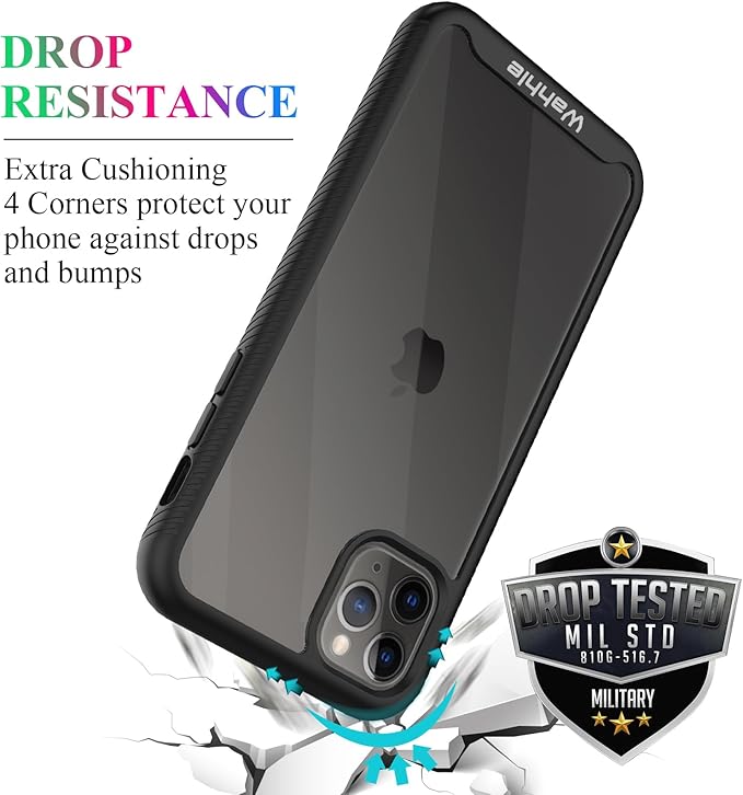 wahhle Compatible with iPhone 11 Pro Max Case, Built in Screen Protector Full Body Shockproof Slim Fit Bumper Protective Phone Cover 6.5'' Men Women-Black/Clear