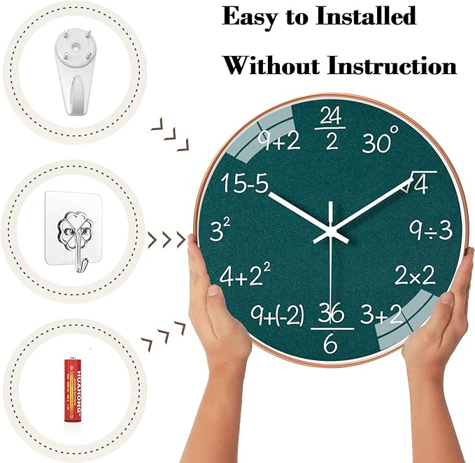 QINFIEY 10 Inch Math Wall Clock Silent Non Ticking Movement Quality Quartz Wall Clock for Office Classroom/School/Home/Kitchen/Living Room Wall Decorations (Green)