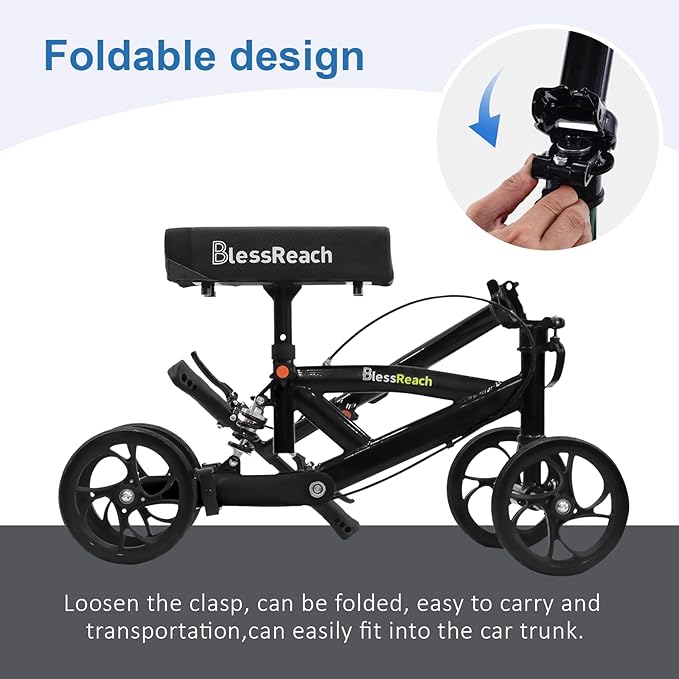 BlessReach Steerable Knee Walker Deluxe Medical Scooter for Foot Injuries Compact Crutches, with Dual Rear on-Wheel Brake and Shock Absorption Under The Knee pad, Black