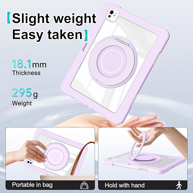 Dteck for iPad Pro 11 inch (M4/M5) 2024/2025 Release Shockproof Clear Case with Stylus Pencil Holder/Rotating Kickstand/Swivel Handle, Lightweight Protective Slim Transparent Tablet Cover, Purple