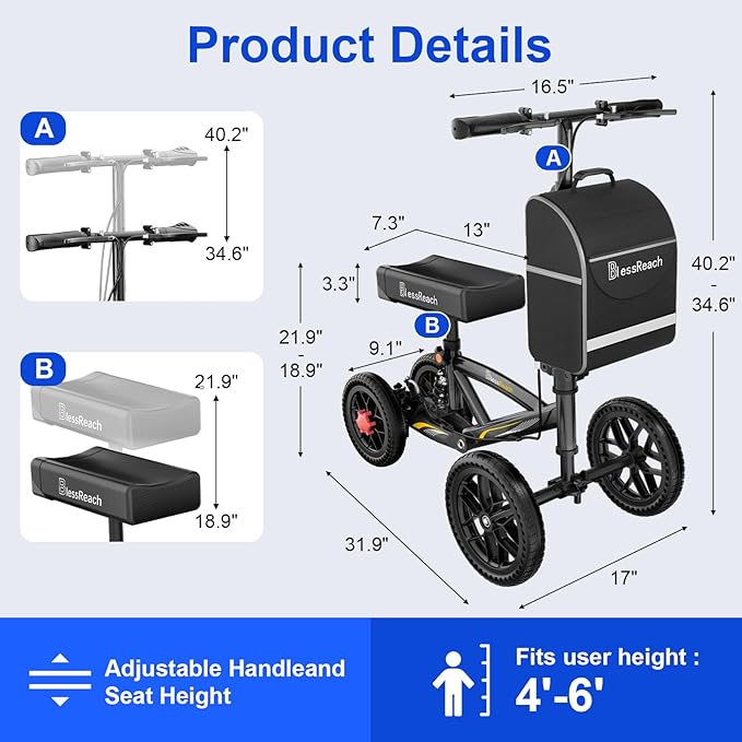 BlessReach All Terrain Foldable Knee Scooter Walker - Economical Knee Walker for Foot Injuries, Compact Crutches Alternative - Black