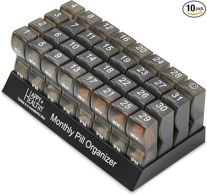 Monthly Pill Organizer - Am/Pm Daily Pill Organizer 32 Compartments for Each Day, Pill Dispenser and Dispenser Caddy that Helps You Organize Your Life, Perfect for Supplements and Medication, Black