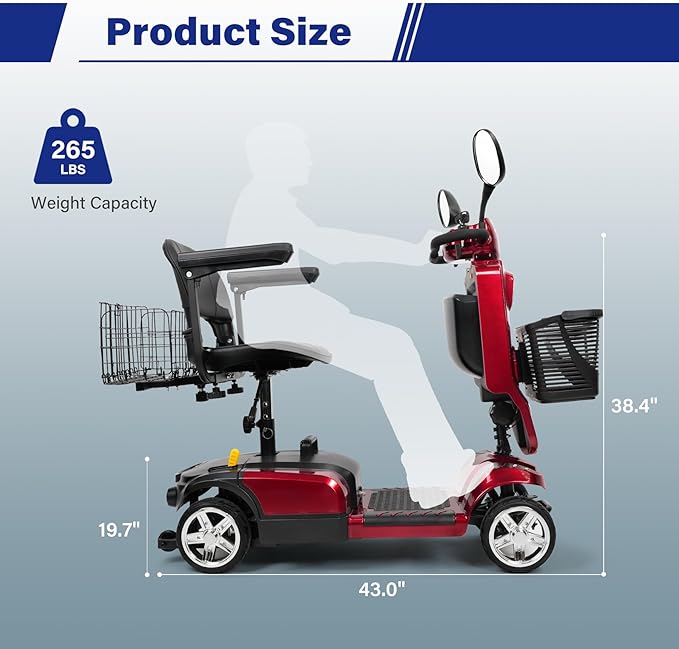 Wooken Powered Mobility Scooter, 4-Wheel Mobility Scooter for Adults, Seniors,264 lbs All Terrain Foldable Powered Mobility Scooter, Electric Powered Wheelchair Heavy Duty Mobility for Travel