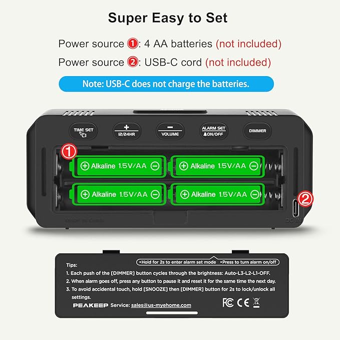 Peakeep Small Mini Digital Alarm Clock Battery Operated for Bedroom Travel, 1.65" Numbers Large Display Cordless Clock for Beside Seniors Elderly, Auto/Manual Dimmers, 5 Levels Volume