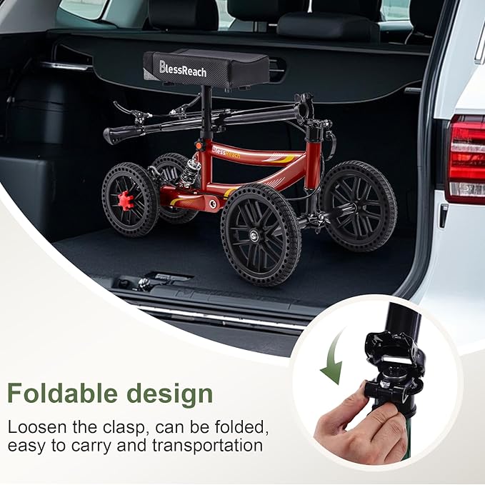 Knee Scooter, 350lbs Capacity, 13" Big PU Seat, Disc Brake Knee Walker, All Terrain Foldable Knee Scooter Walker with Bag for Foot Injuries Compact Crutches Alternative (Burgundy)