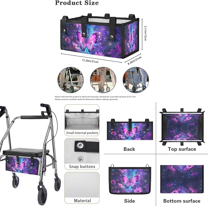3 Pcs Sets Rollator Walker Accessories Purple Butterfly Walker Seat Cover Rollator Walker Seat & Backrest Covers, Rollator Storage Under Seat Bag