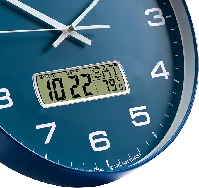 TIMESS Wall Clock, 14" Large Dial Non-Ticking Silent Battery Operated Analog with LCD Display for Perpetual Calendar and F° Temperature, Ideal Modern Home, Bedroom, Kitchen, Office Decor (Blue)