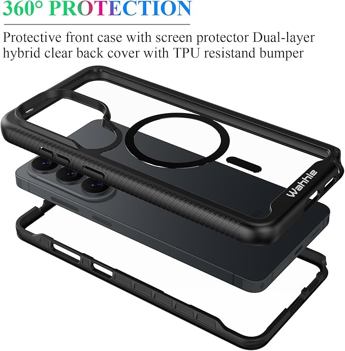 wahhle Compatible with Samsung Galaxy S26 Ultra Case, Magnetic Wireless Charging Built in Screen Protector Full Body Shockproof Slim Fit Bumper Protective Phone Cover, Black/Clear
