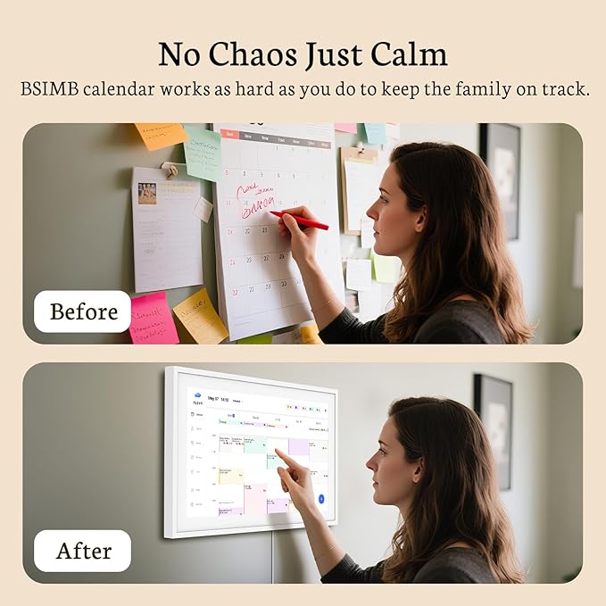 BSIMB 15.6 Inch Digital Calendar - Chore Chart, Meal Planner, Rewards System, Photo Display, Smart Electronic Calendar Touchscreen Interactive for Family Schedules, Seamless Scheduling White