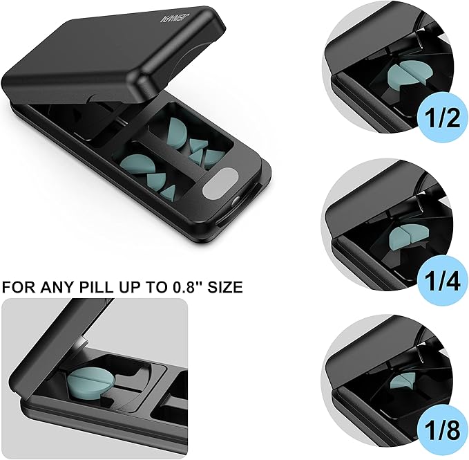 JEINAPA Pill Cutter with Auto Centering Device, Aluminum Pill Splitter with 316L Stainless Blade, Genuine Leather Case, Professional Pill Splitter for Cutting Small Pills or Large Pills (Black)