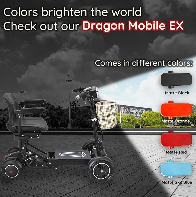 Dragon Mobile EX 4 Wheel Foldable Mobility Scooter for Adults, Elderly & Travel - All Terrain Aluminum Alloy Power Wheelchair with Premium Large Seat - Front Basket Included (Matte Black)