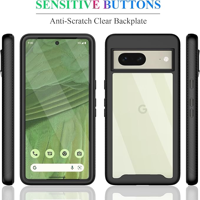 wahhle Compatible with Google Pixel 7 Case, Built in Screen Protector Full Body Shockproof Slim Fit Bumper Protective Phone Cover Men Women-Black/Clear