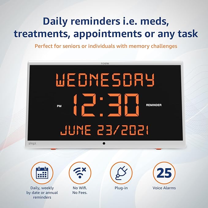 Simpl Rosie Reminder Large Display Talking Alarm Clock – 25 Personalized Voice Reminders, Dementia & Alzheimer’s Friendly, Voice Activated Clock for Seniors, Easy to Use, Audible up to 100ft (Rosie 2)
