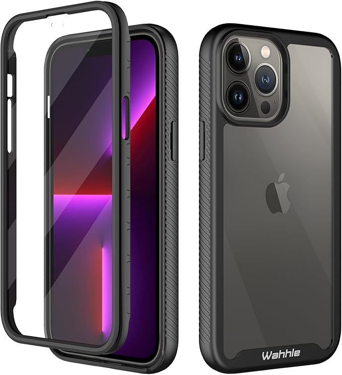 wahhle Compatible with iPhone 13 Pro Max Case, Built in Screen Protector Full Body Shockproof Slim Fit Bumper Protective Phone Cover 6.7'' Men Women-Black/Clear