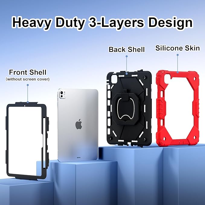 Dteck for iPad Pro 11 inch (M4/M5) 2024/2025 Release Shockproof Case with Shoulder Strap/Pencil Holder/Rotating Kickstand Handle, Heavy-Duty Sturdy Rugged Cover, Protective Tablet Shell, Black Red