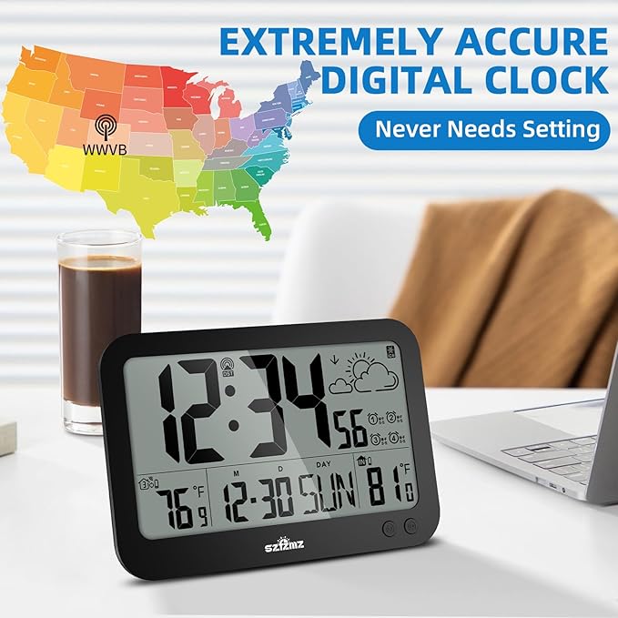 Atomic Clock,10" Digital Clock Large Display, Wall Clocks Battery Operated with Backlight, Wireless Outdoor Sensor, Alarm Clock Indoor Outdoor Temp, 4 Time Zones, Auto DST, Clock for Bedroom (Black)