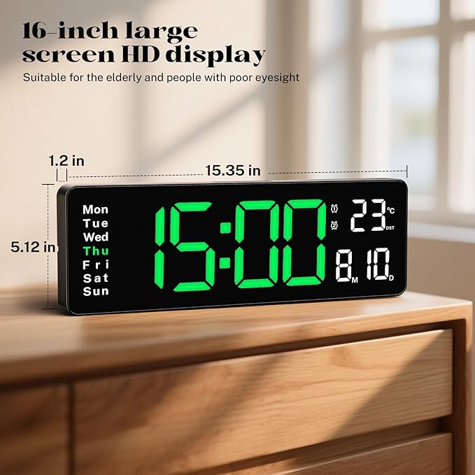 Digital Clock Large Display, 16" Large Digital Wall Clock for Classroom, Led Big Wall Clocks with Remote Control,Date,Week,Alarm,Temp,Night Light for Bedroom,Living Room,Gym,Office