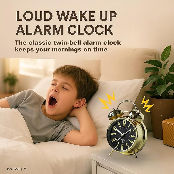 AYRELY Super Loud Alarm Clock for Heavy Sleepers Adults,Twin Bell Retro 4 Inch Silent Non-Ticking Quartz with Backlight, Metal dial, Alarm Clocks for Bedrooms Bedside(Gold- Black)