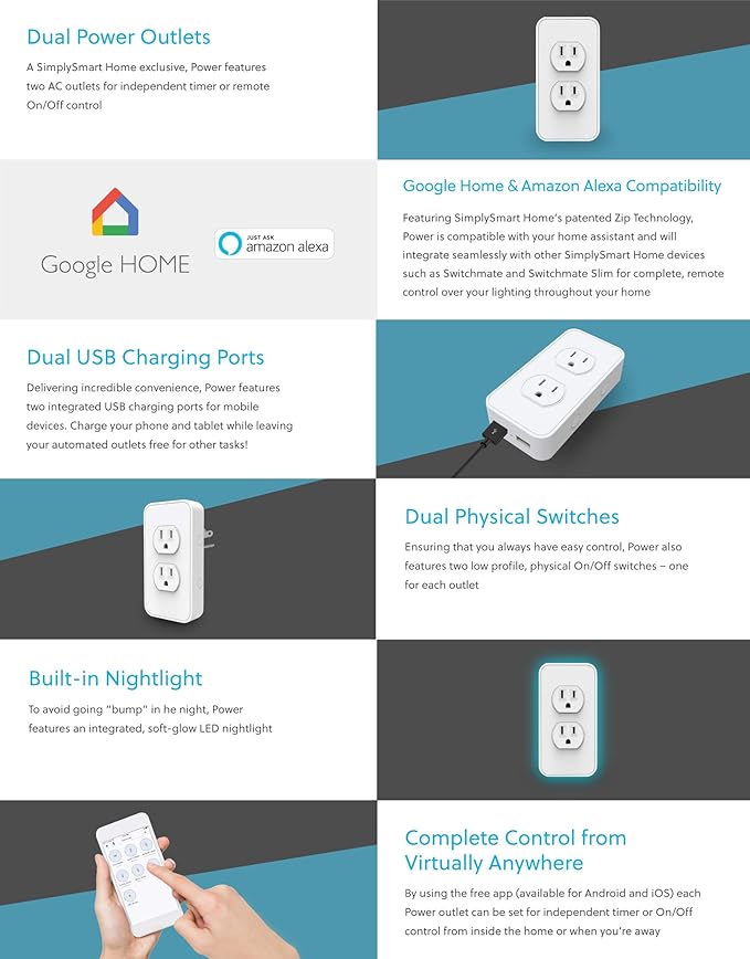 Power by SimplySmart Home, Dual Outlet Timer/Automation, DIY, USB Charger, Nightlight, No tools, No wiring, Snap on, Alexa, Google Assistant, iOS, Android, Smart Home, App
