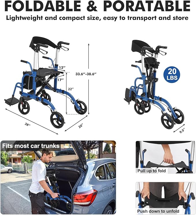Walker for Seniors,Folding Walker and Transport Wheelchair Combo for Seniors - Lightweight Aluminum All-Terrain Rollator with Seat, Backrest, Hand Brakes & Footrests