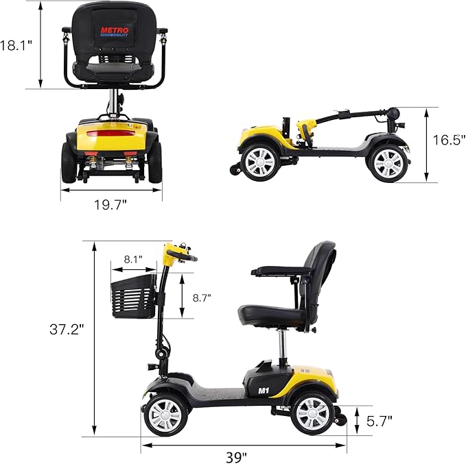 4-Wheel Metro Mobility Scooter-Powered Mobility Scooter for Adults Senior with seat-300 lbs Capacity-with Charger and Basket-M1 Yellow